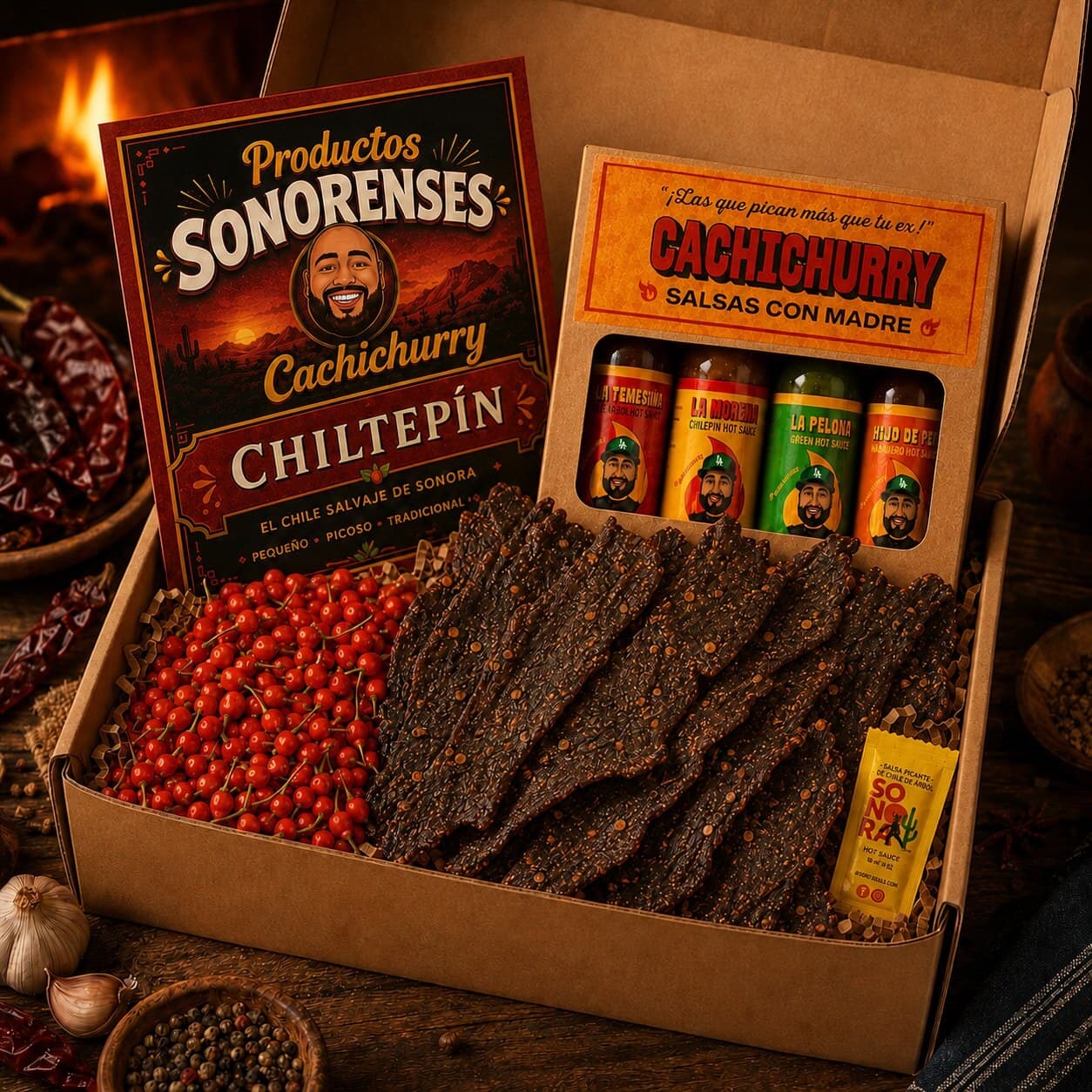 Paquete Cachichurry — carne seca, machaca, chiltepín y salsas sonorenses